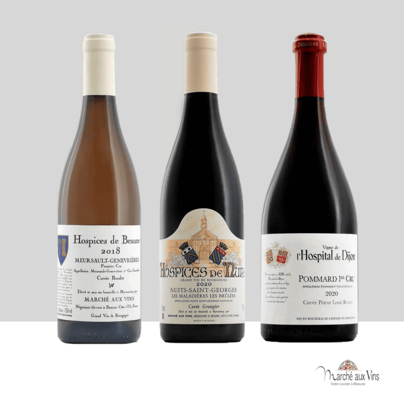 Photo de trois vins des Hospices - un blanc et deux rouges