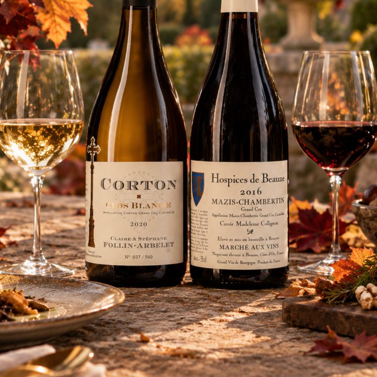 Deux bouteilles de grands crus bourguignons sur table automnale