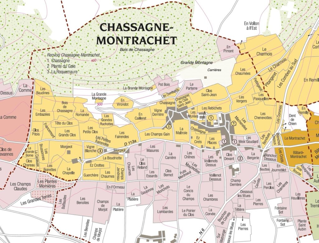 Carte détaillée des vignobles de Chassagne-Montrachet en Bourgogne