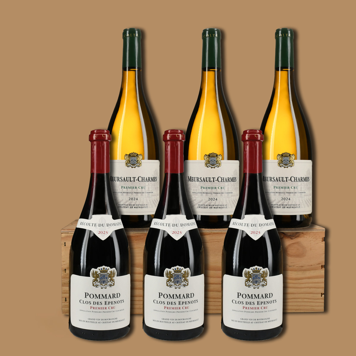Six bouteilles Pommard et Meursault-Charmes Premier Cru Bourgogne